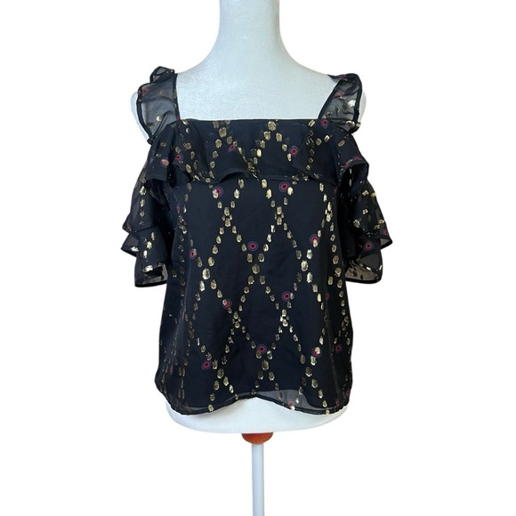 A.L.C. Willow Black Silk Gold Metallic Festive Sleeveless Shirt Top Sequins Sz 0 - Picture 3 of 9